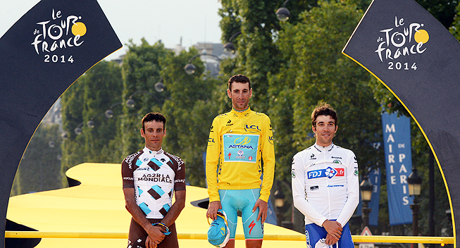 Tdf 2014 21 etape Jean Christophe Peraud Vincenzo Nibali Thibau Pinot podiet  