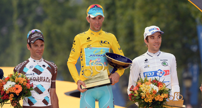Tdf 2014 21 etape Jean Christophe Peraud Vincenzo Nibali Thibau Pinot podiet   