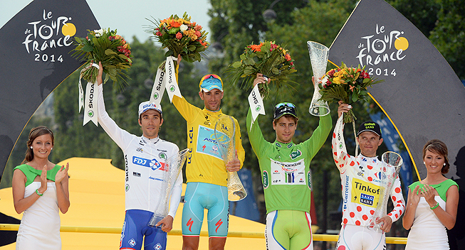 Tdf 2014 21 etape Thibau Pinot Vincenzo Nibali Peter Sagan Rafal Majka podiet   